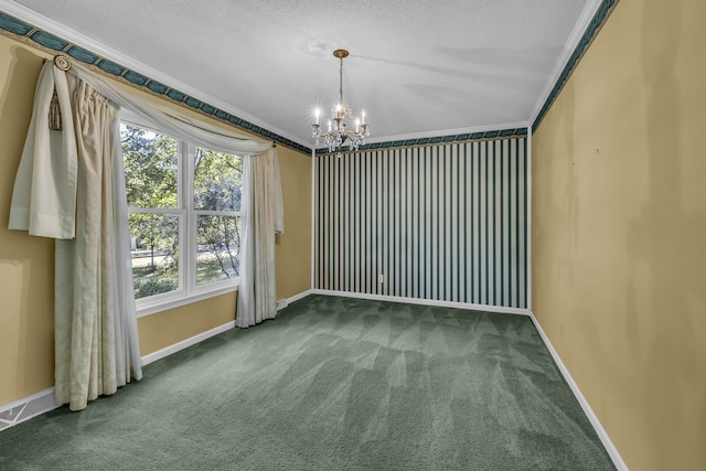 unfurnished room featuring a notable chandelier, crown molding, and carpet floors