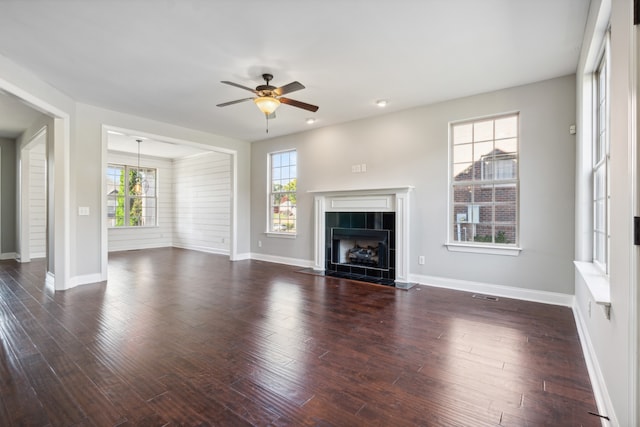 unfurnished living room with a wealth of natural light and dark hardwood / wood-style floors