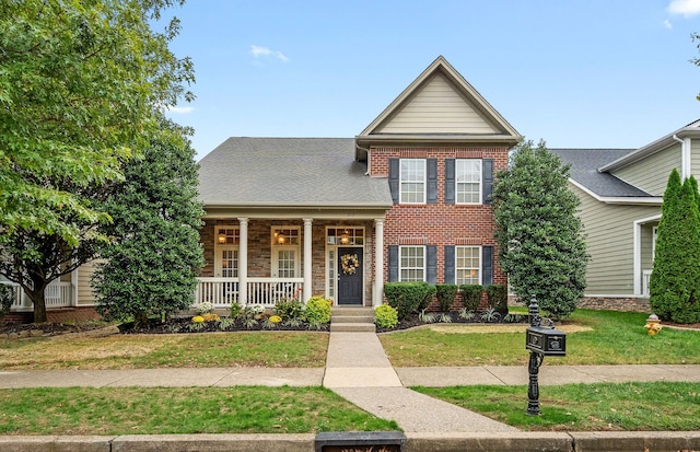 view of front of home featuring a porch and a front lawn