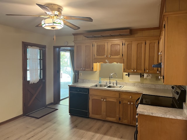 kitchen with dishwasher, sink, ceiling fan, light hardwood / wood-style floors, and electric stove