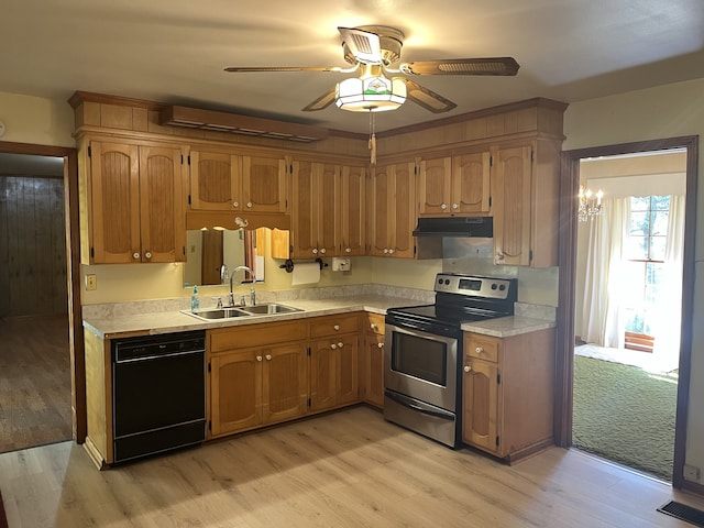 kitchen featuring black dishwasher, light hardwood / wood-style flooring, sink, stainless steel electric range, and ceiling fan