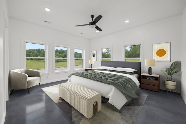 bedroom with multiple windows and ceiling fan