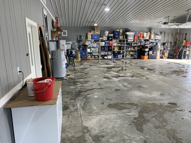 garage featuring water heater