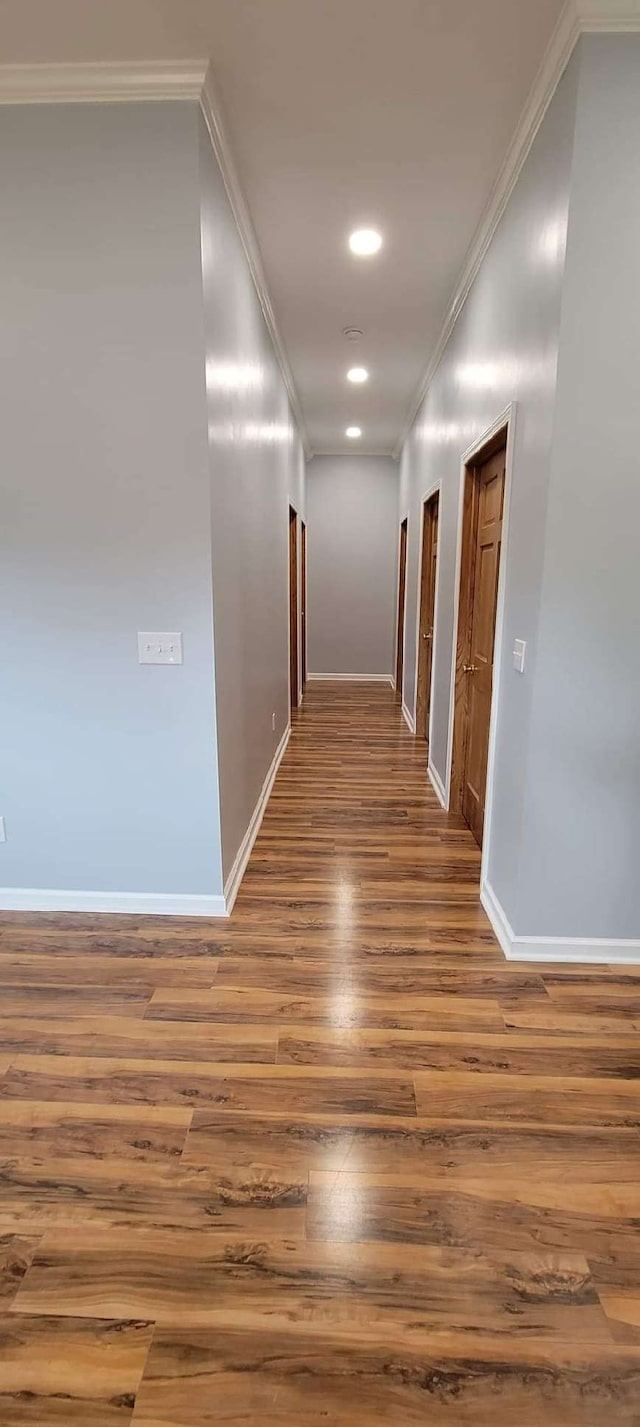 hall featuring dark hardwood / wood-style floors and ornamental molding