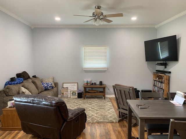 2175 Winsett Rd, Springville, TN 38256 - living room with ornamental molding, a ceiling fan, recessed lighting, and wood finished floors