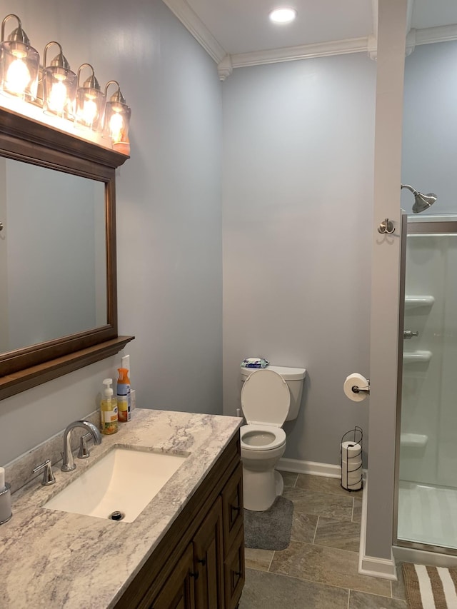 2175 Winsett Rd, Springville, TN 38256 - full bathroom featuring crown molding, toilet, stone finish floor, baseboards, and a stall shower