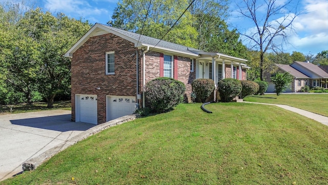 ranch-style home with a garage and a front yard