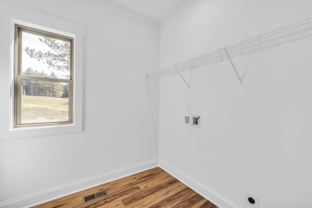 laundry area featuring washer hookup, a healthy amount of sunlight, hookup for an electric dryer, and wood-type flooring