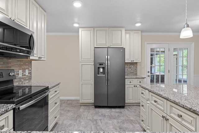 kitchen with decorative backsplash, stainless steel appliances, crown molding, light stone countertops, and pendant lighting