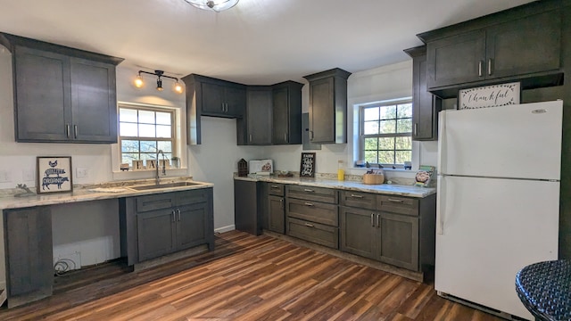 kitchen with sink, white fridge, dark wood-type flooring, and plenty of natural light