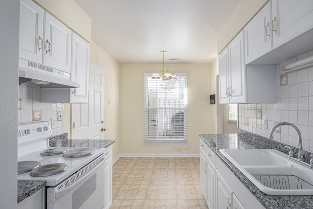 kitchen featuring electric stove, sink, decorative backsplash, and white cabinetry