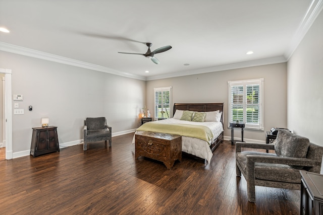 bedroom with ceiling fan, crown molding, and dark hardwood / wood-style floors