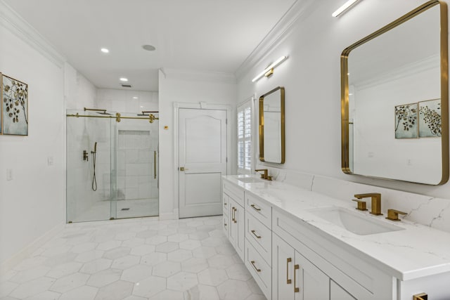 bathroom featuring vanity, tile patterned floors, ornamental molding, and walk in shower