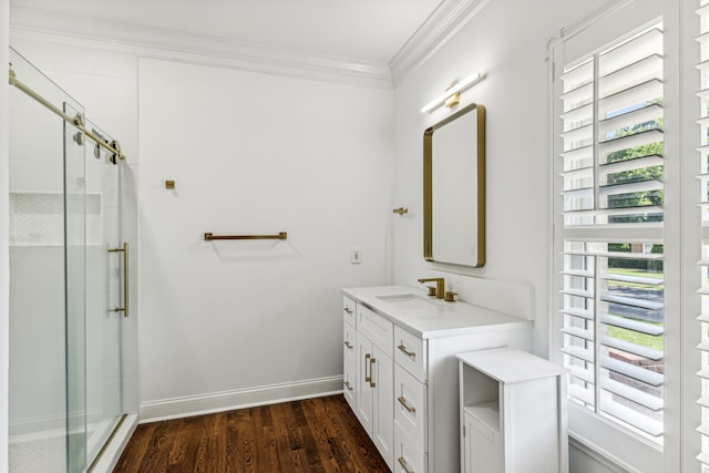 bathroom with vanity, a healthy amount of sunlight, and walk in shower