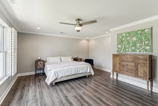 bedroom featuring ornamental molding, dark hardwood / wood-style floors, and ceiling fan