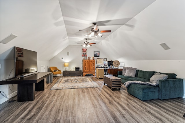 living room with lofted ceiling, wood-type flooring, and ceiling fan