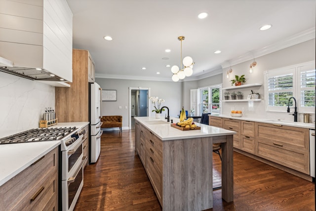 kitchen with high end range, sink, dark hardwood / wood-style floors, and a healthy amount of sunlight