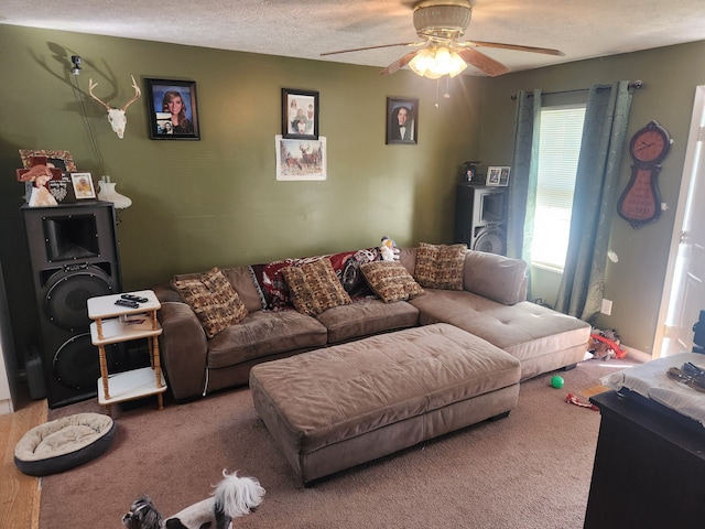 carpeted living room with ceiling fan and a textured ceiling