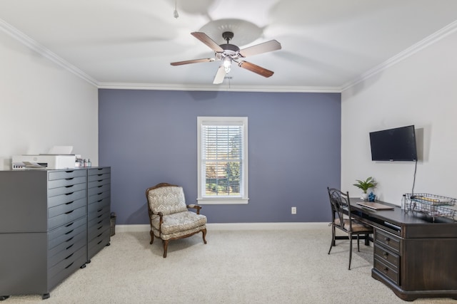 office area with ornamental molding, light colored carpet, and ceiling fan