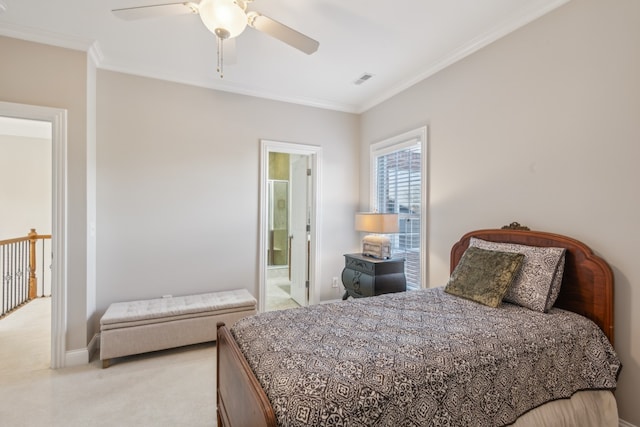 carpeted bedroom featuring connected bathroom, crown molding, and ceiling fan