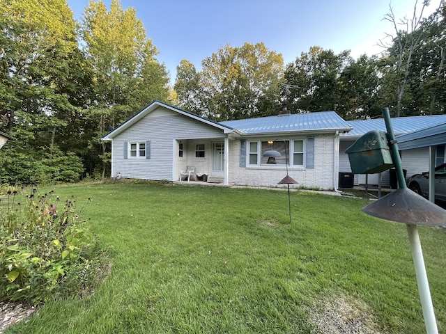 single story home featuring a front lawn and central air condition unit