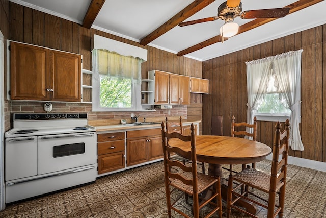 361 New Middleton Hwy, Gordonsville, TN 38563 - kitchen with wood walls, open shelves, beamed ceiling, and white electric range