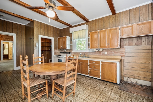 361 New Middleton Hwy, Gordonsville, TN 38563 - kitchen featuring a ceiling fan, wooden walls, beamed ceiling, light countertops, and electric range