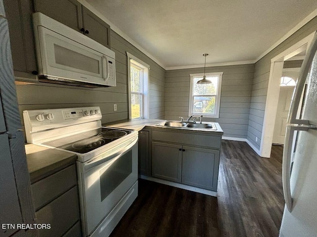 131 Christie Cir, Red Boiling Springs, TN 37150 - kitchen featuring wooden walls, a sink, dark wood-type flooring, white appliances, and a peninsula