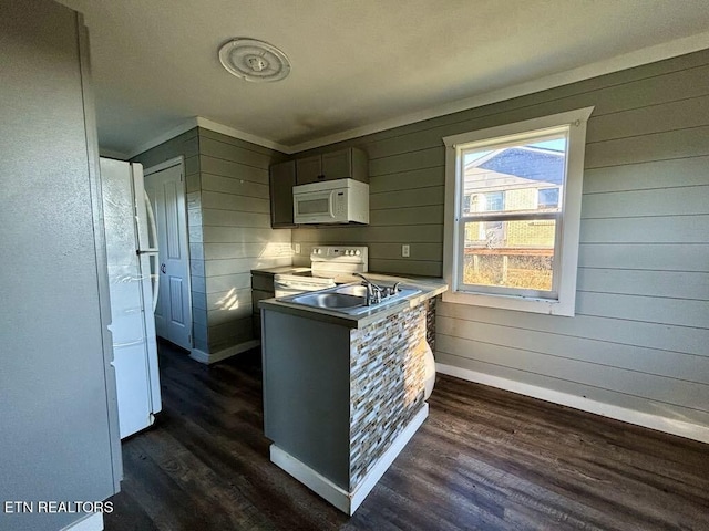 kitchen with sink, dark wood-type flooring, white appliances, and wooden walls