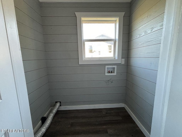 131 Christie Cir, Red Boiling Springs, TN 37150 - clothes washing area featuring wood walls, laundry area, dark wood-type flooring, baseboards, and washer hookup