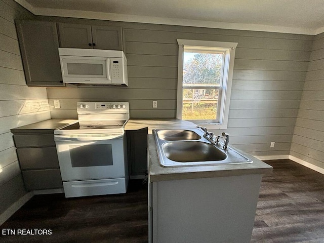 131 Christie Cir, Red Boiling Springs, TN 37150 - kitchen featuring dark wood-style floors, a sink, baseboards, white appliances, and wooden walls
