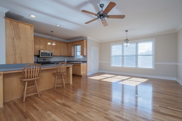 kitchen with ornamental molding, appliances with stainless steel finishes, light hardwood / wood-style flooring, and hanging light fixtures