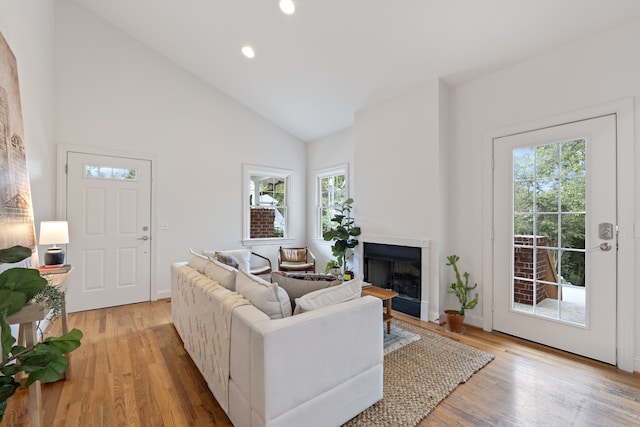 living room with plenty of natural light, light hardwood / wood-style flooring, and high vaulted ceiling