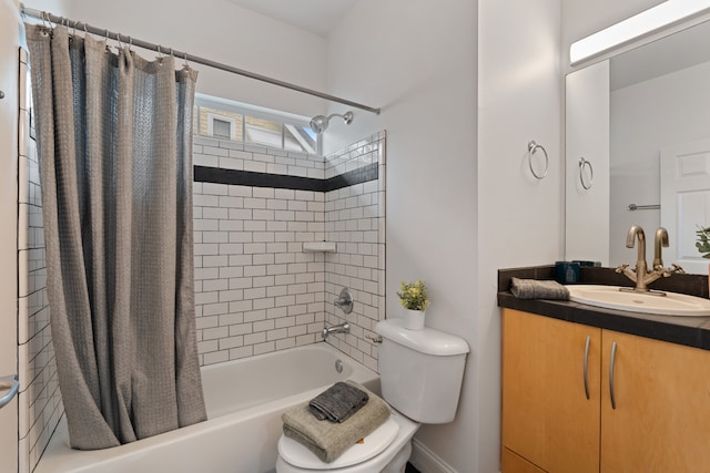 full bathroom with toilet, shower / tub combo with curtain, and vanity