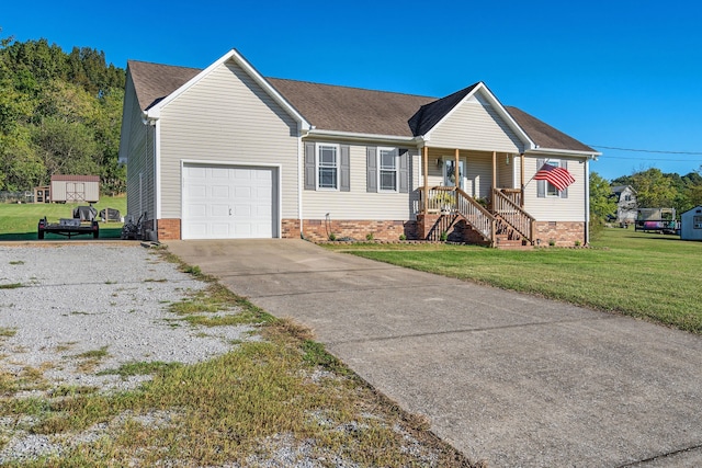 ranch-style home featuring a porch, a front lawn, and a garage