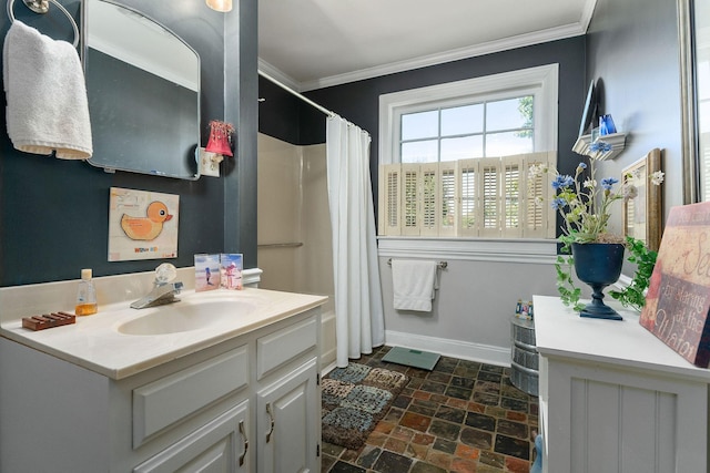 full bath with crown molding, brick floor, vanity, baseboards, and curtained shower