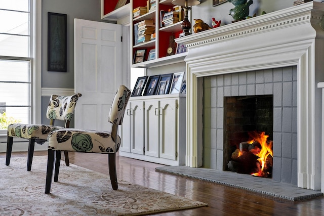 interior details with a lit fireplace and wood finished floors