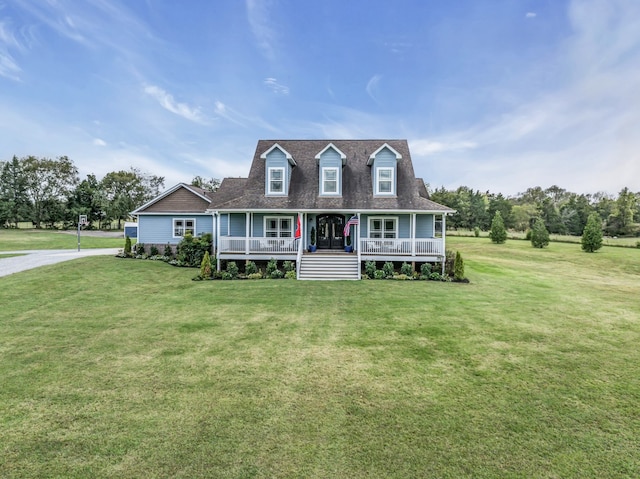 cape cod-style house with a porch and a front lawn