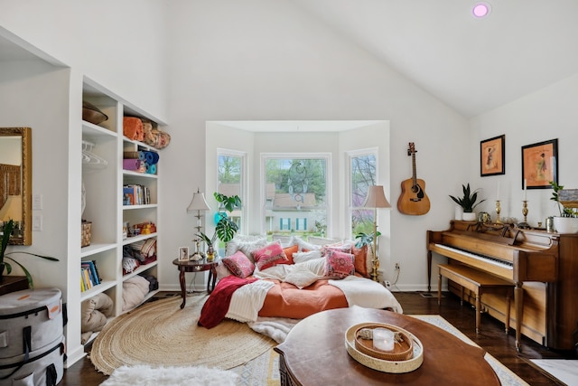 sitting room featuring dark wood-type flooring and high vaulted ceiling