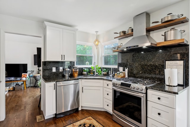 kitchen with dark wood-type flooring, ventilation hood, sink, white cabinetry, and appliances with stainless steel finishes