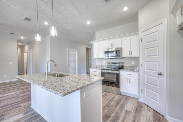 kitchen featuring stainless steel appliances, white cabinetry, sink, and a center island with sink