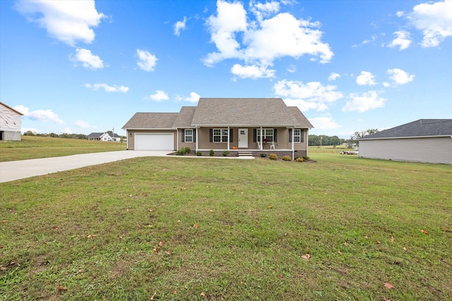 ranch-style home with a garage, a front lawn, and a porch