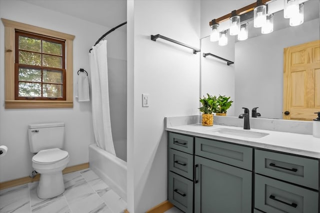 full bathroom with vanity, toilet, and shower / bath combo with shower curtain