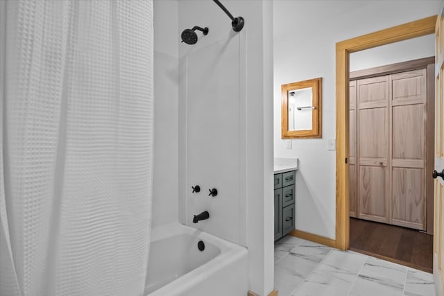 bathroom with vanity and shower / bath combination with curtain