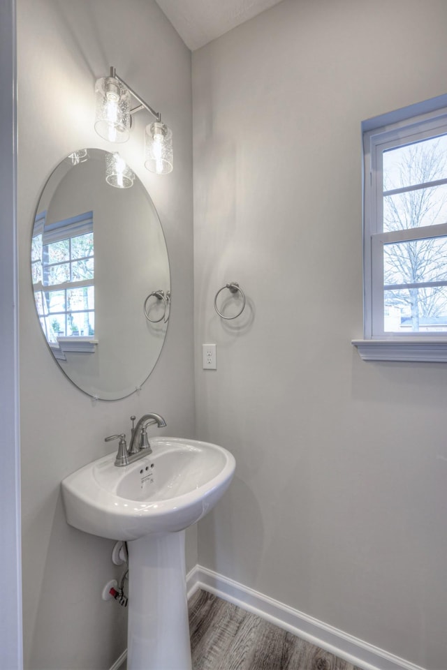 bathroom with hardwood / wood-style flooring