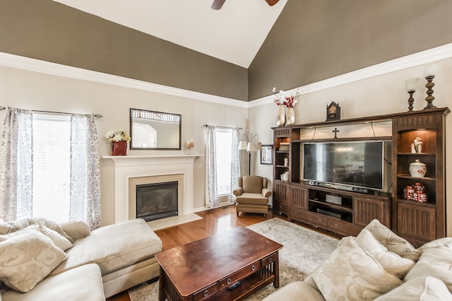 living room with hardwood / wood-style floors, high vaulted ceiling, and ceiling fan