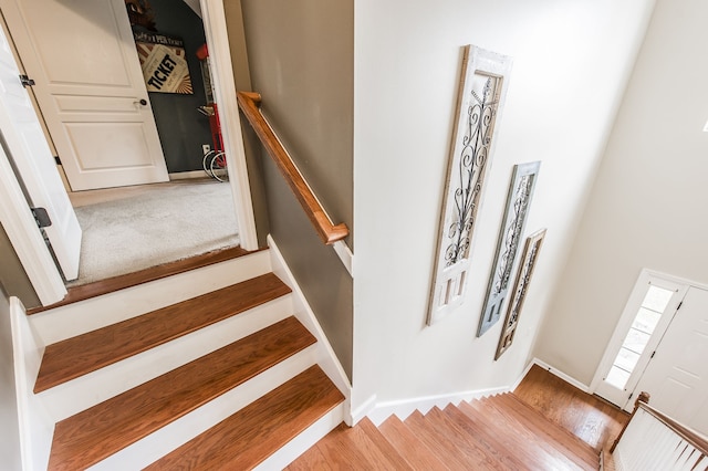 stairway with hardwood / wood-style floors