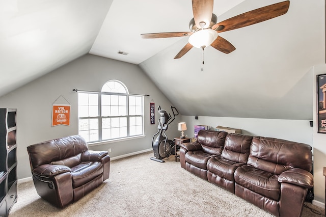 living room with lofted ceiling, carpet, and ceiling fan