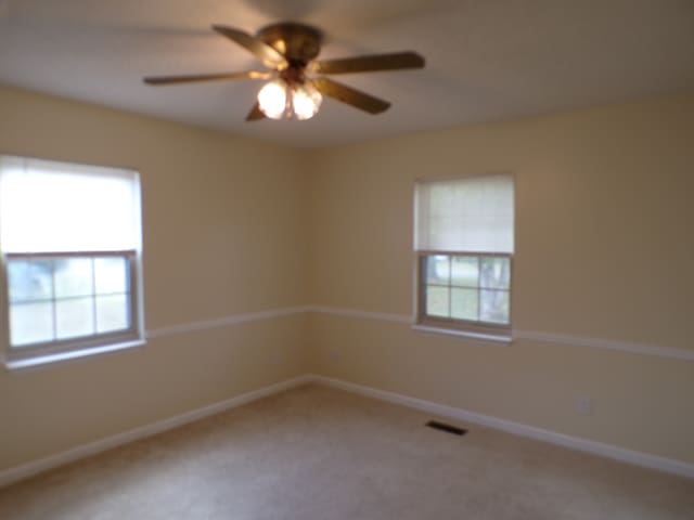 spare room featuring ceiling fan and carpet floors