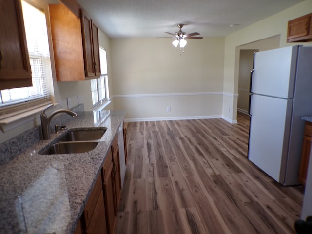 kitchen featuring sink, wood-type flooring, a healthy amount of sunlight, and white refrigerator